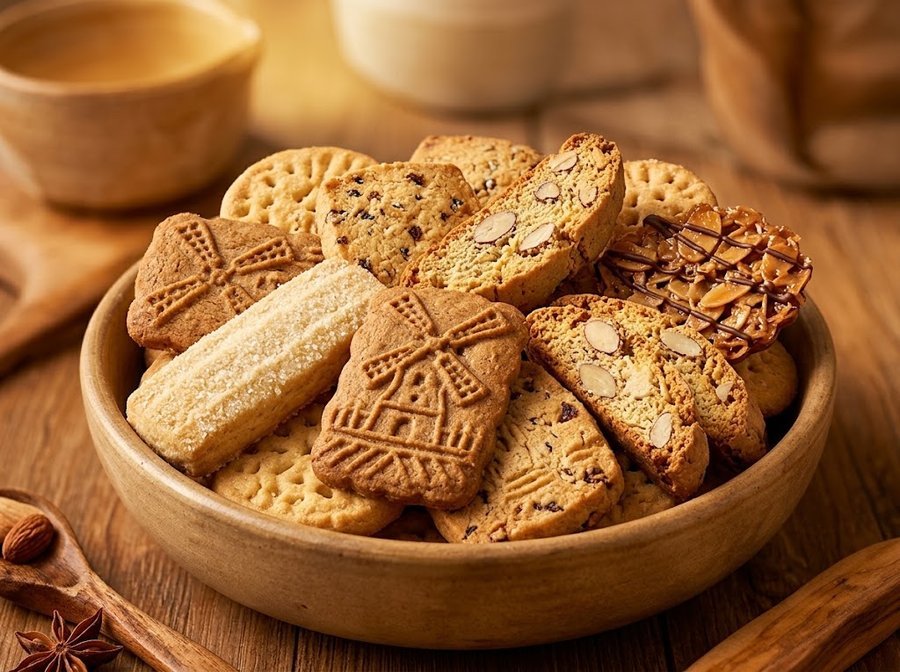 Assorted biscuits and cookies in a wooden bowl