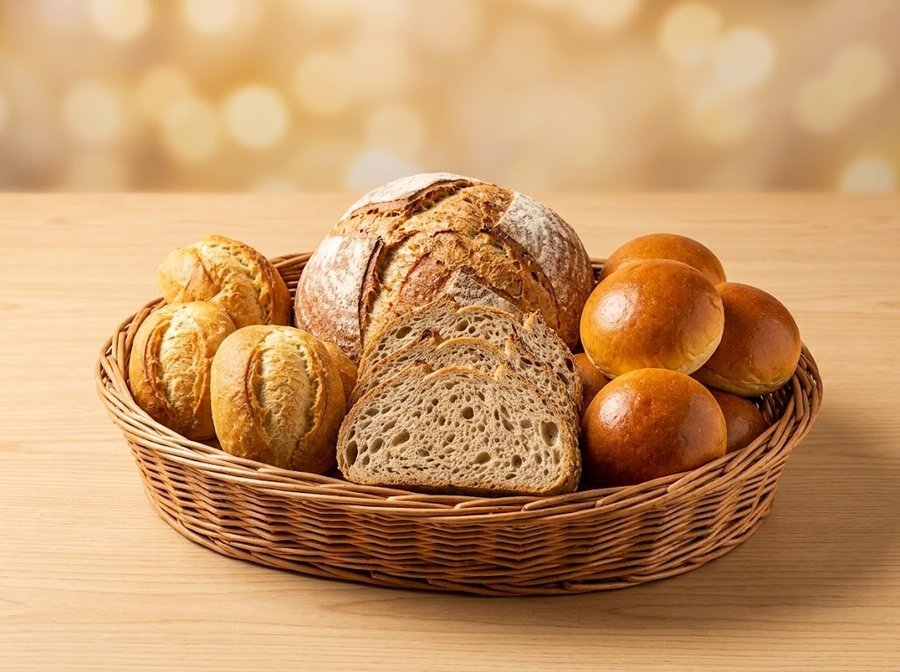 Wicker basket with sliced bread loaf, rolls and buns