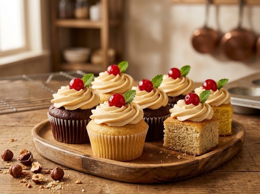 Frosted cupcakes with cherries and tea cake squares