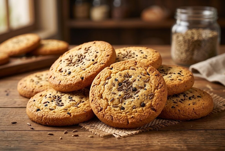 Zeera biscuits topped with cumin seeds