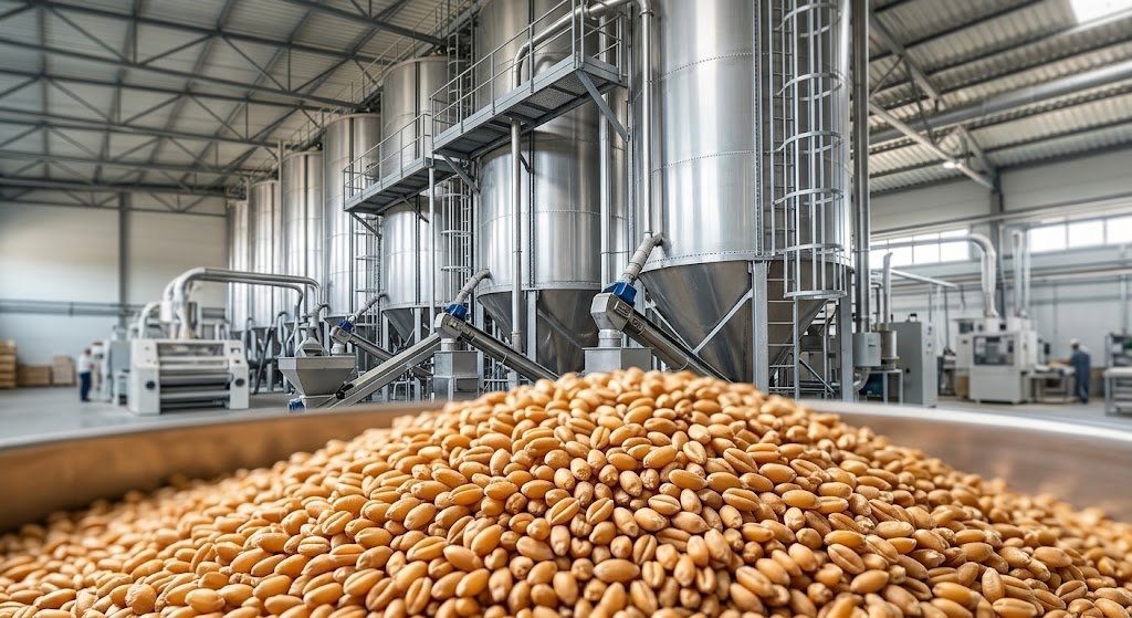 Stainless steel grain silos storing wheat