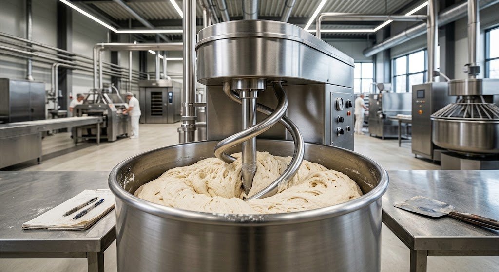 Industrial spiral mixer kneading dough