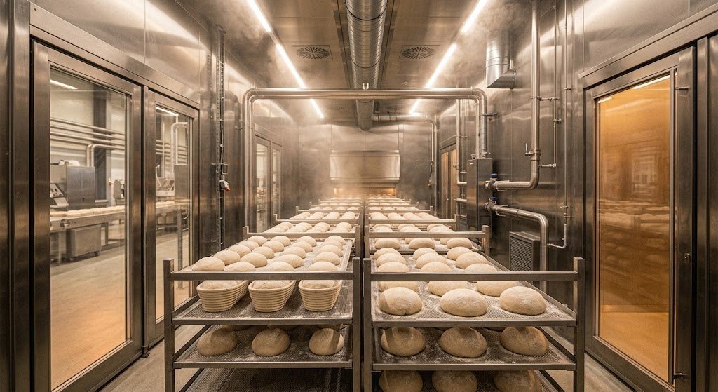 Dough balls proofing in humidity-controlled chamber