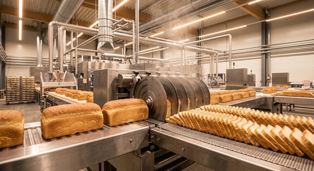 High-speed slicer cutting uniform bread slices