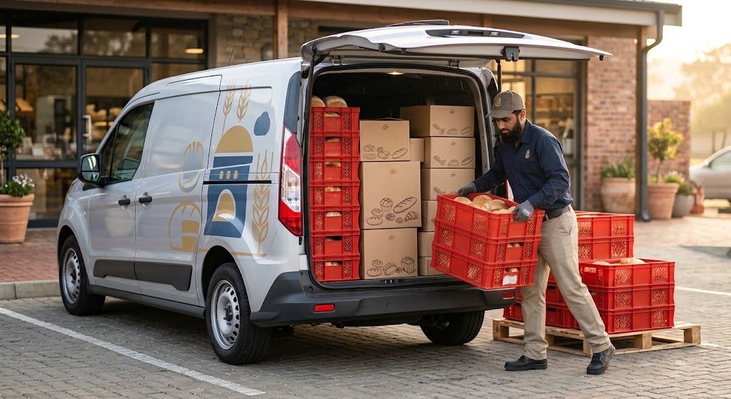 Bakery delivery van loaded with red bread crates and boxes